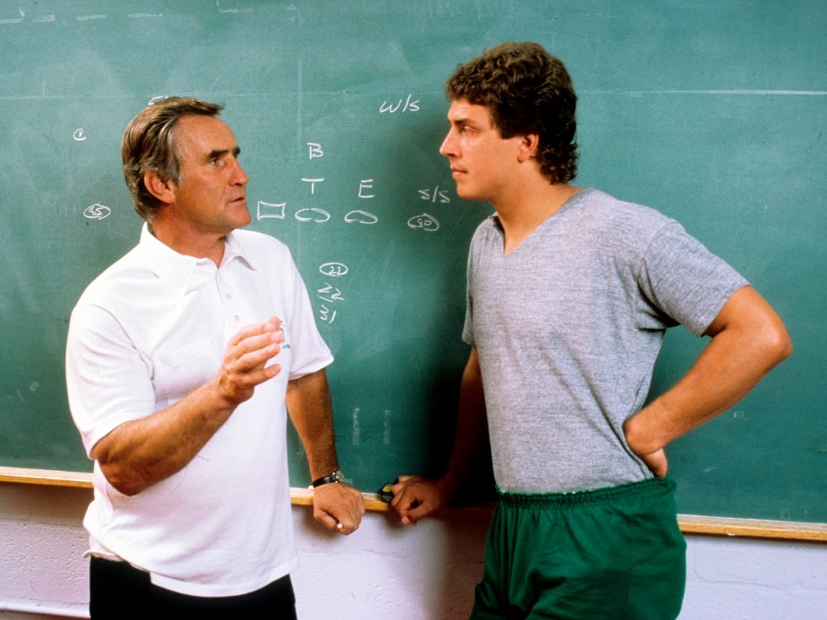 Miami Dolphins coach Don Shula discusses with quarterback Dan Marino (13)  and reserve quarterback Don Strock (